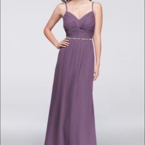 David’s Bridal chiffon bridesmaid dress with beaded belt in wisteria